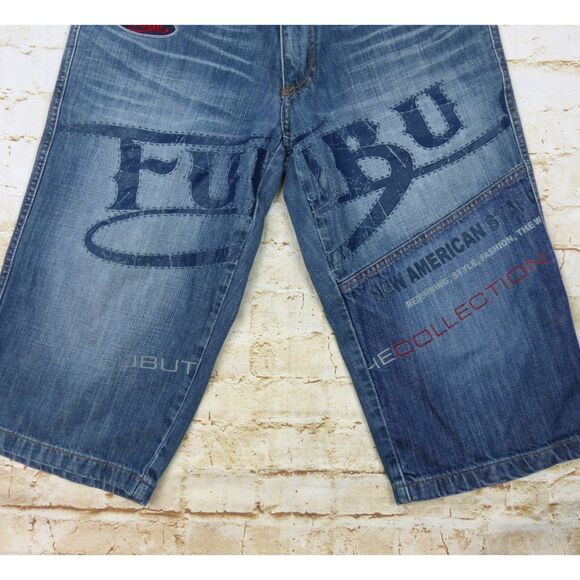 VTG FUBU Collection X Ford Denim Shorts Mens 29X17 Blue Logo Sporty Jorts Y2K - Picture 7 of 12